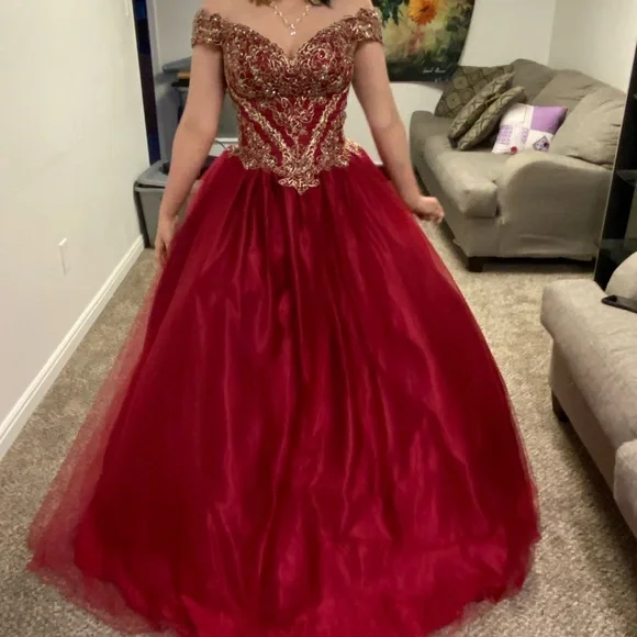 strapless open back dress Sparkly Tulle Red A-line Off Shoulder Long Prom Dresses, Evening Dresses,  MP761 main image 1